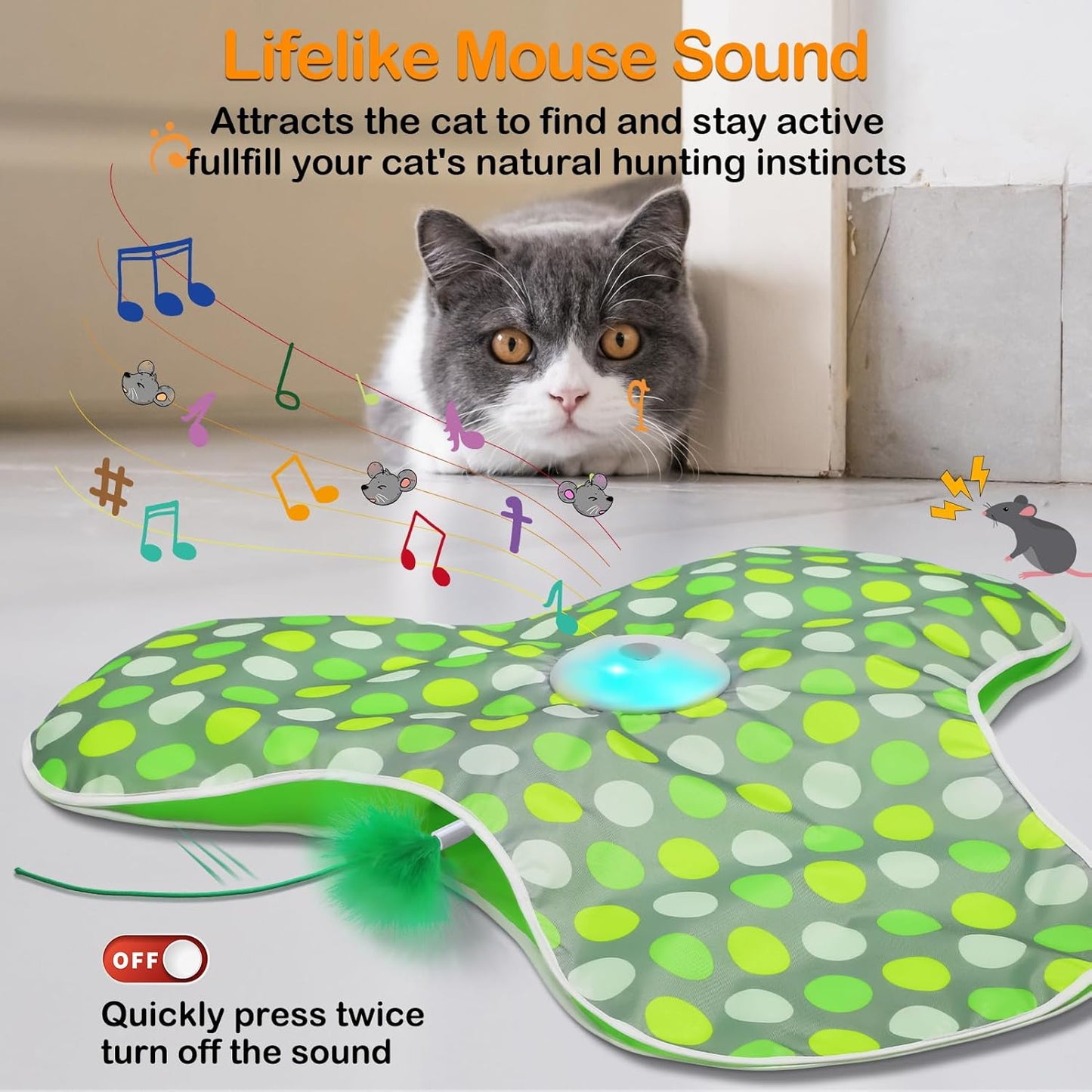 😸Interactive Cat Toys Rechargeable,Moving Concealed Feathers,Real Mouse Squeaky,Touch Activated Cat Kitten Toy Exercise Toys for Indoor Bored Adult Cats