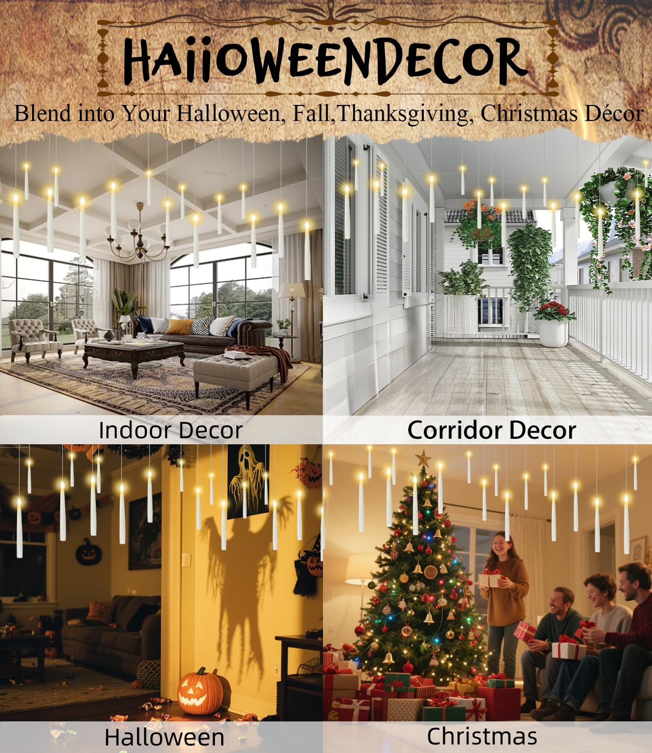 Floating Candles with Wand Magic Hanging Candles, Flameless Warm Light Flickering Battery Operated Candles, Floating LED Candles for Halloween Christmas Theme Party