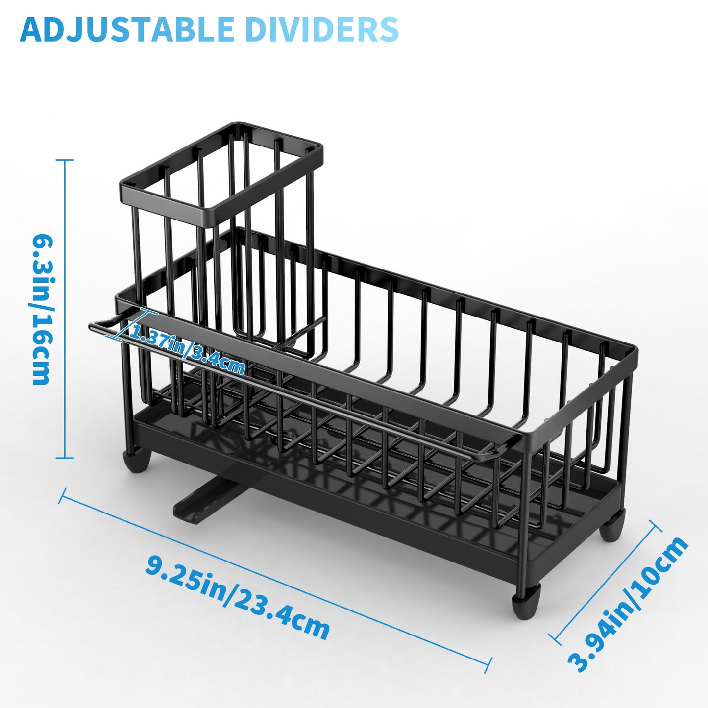 🧽 Cisily Black Sponge Holder for Kitchen Sink – Rustproof 304 Stainless Steel Sink Caddy Organizer with High Brush Holder & Soap Dispenser Space