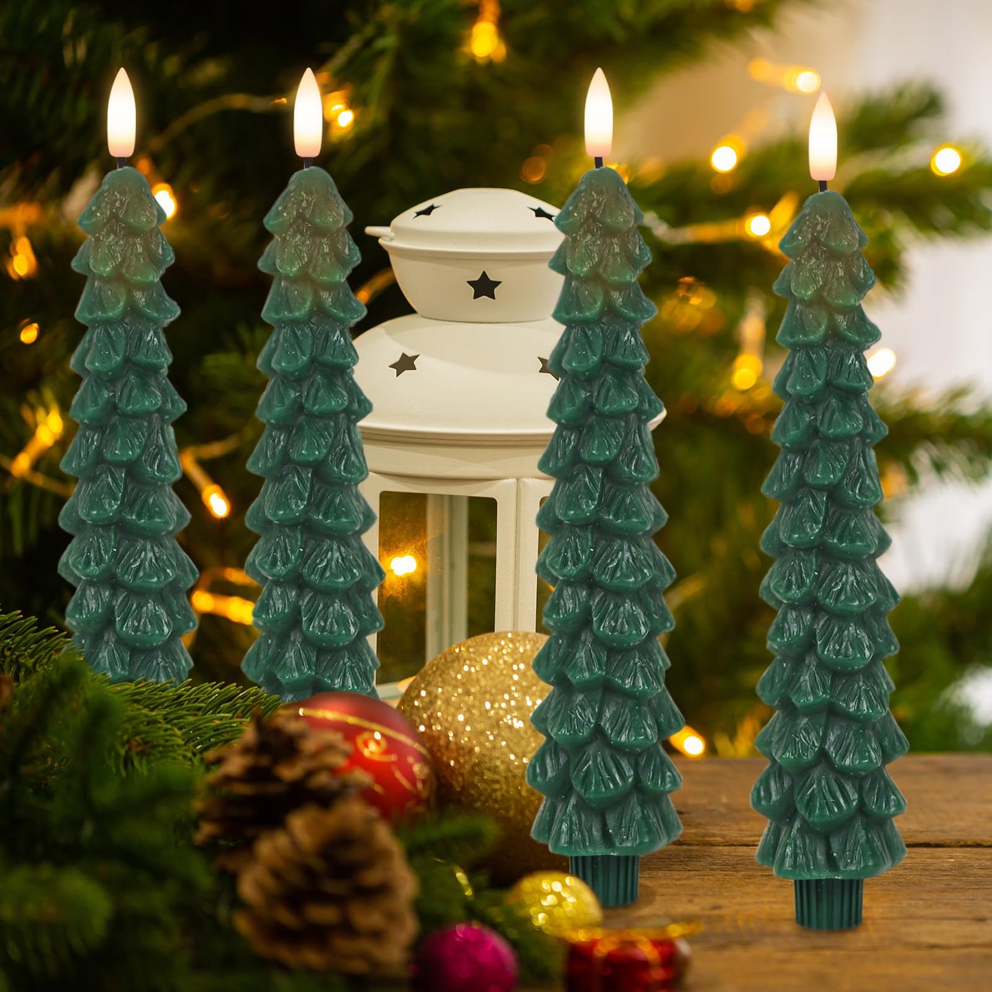 🕯️ GenSwin Christmas Tree Flameless Taper Candles – Green LED Candlesticks with 3D Flame & Remote Timer
