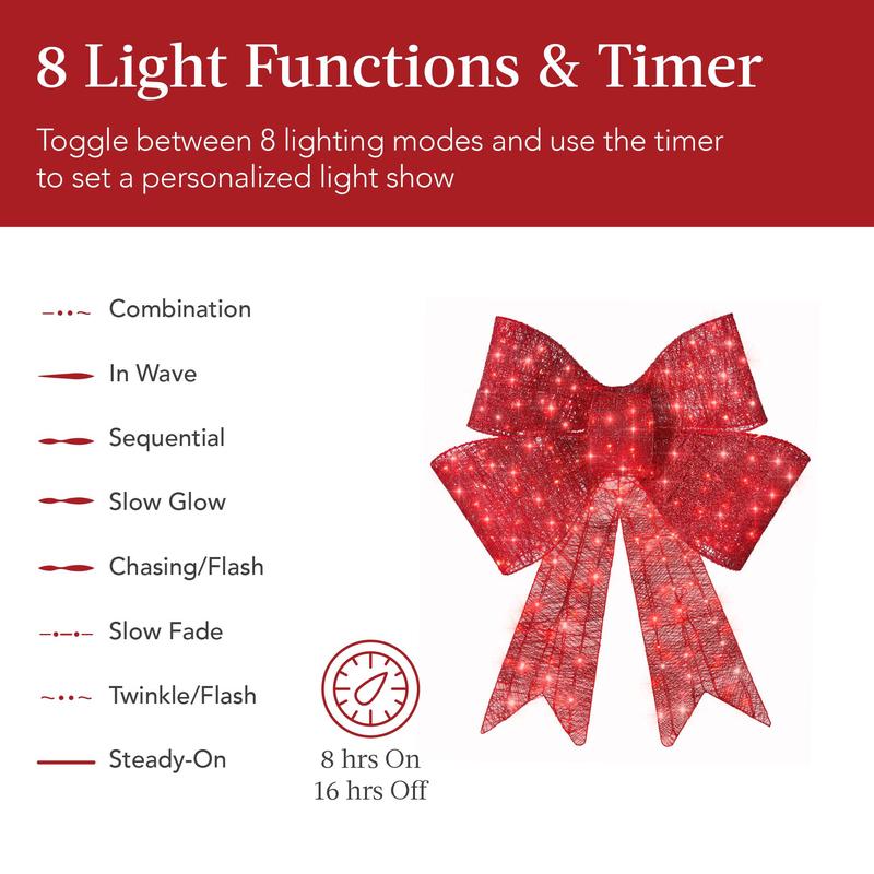 🎀Best Choice Products Pre-Lit Christmas Bow, Large Outdoor LED Lighted Holiday Décor w/ 8 Light Functions, Hook