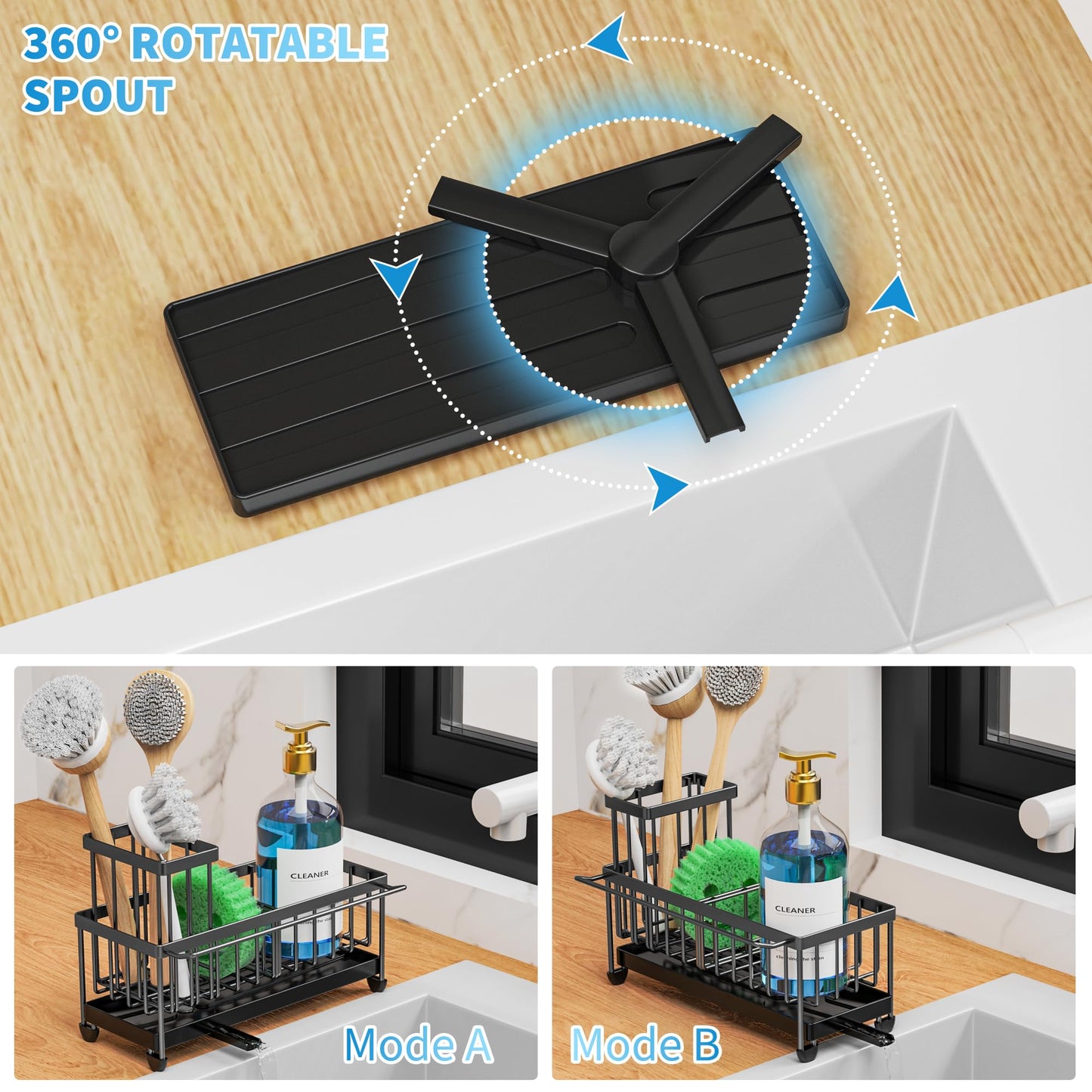 🧽 Cisily Black Sponge Holder for Kitchen Sink – Rustproof 304 Stainless Steel Sink Caddy Organizer with High Brush Holder & Soap Dispenser Space