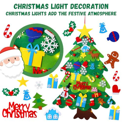 🎄 Felt Christmas Tree for Kids – 3.2ft DIY Wall Hanging Xmas Tree with 34 Ornaments & String Lights