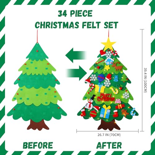 🎄 Felt Christmas Tree for Kids – 3.2ft DIY Wall Hanging Xmas Tree with 34 Ornaments & String Lights
