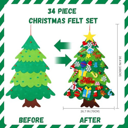 🎄 Felt Christmas Tree for Kids – 3.2ft DIY Wall Hanging Xmas Tree with 34 Ornaments & String Lights