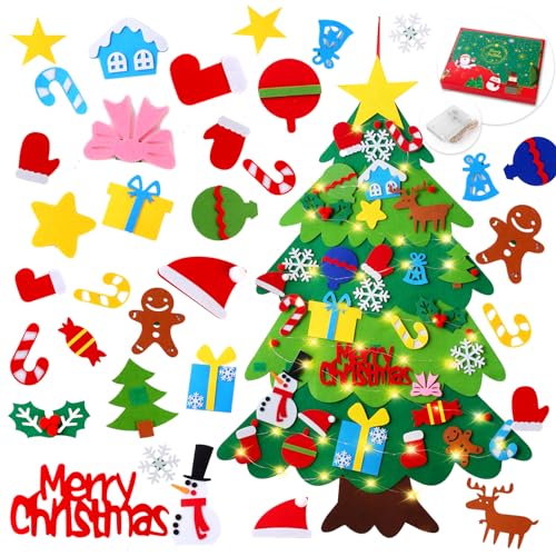 🎄 Felt Christmas Tree for Kids – 3.2ft DIY Wall Hanging Xmas Tree with 34 Ornaments & String Lights