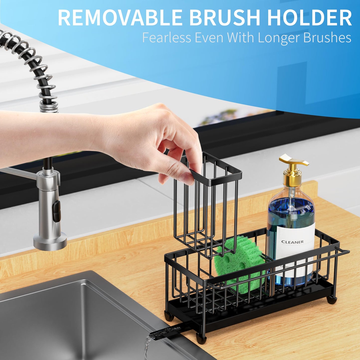 🧽 Cisily Black Sponge Holder for Kitchen Sink – Rustproof 304 Stainless Steel Sink Caddy Organizer with High Brush Holder & Soap Dispenser Space