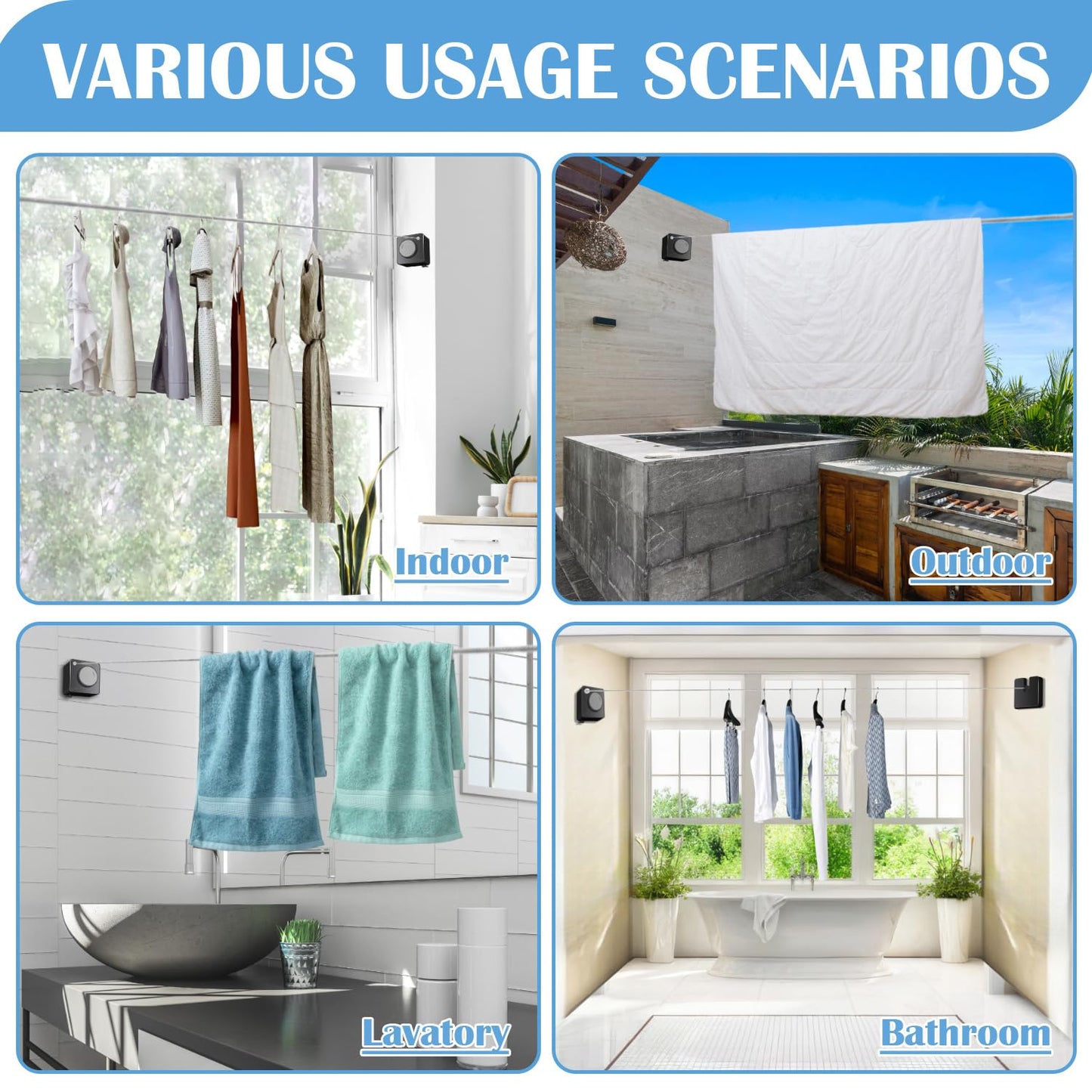 Non-Sagging Retractable Clothesline – Wall-Mounted Invisible Laundry Line for Indoor & Outdoor Use