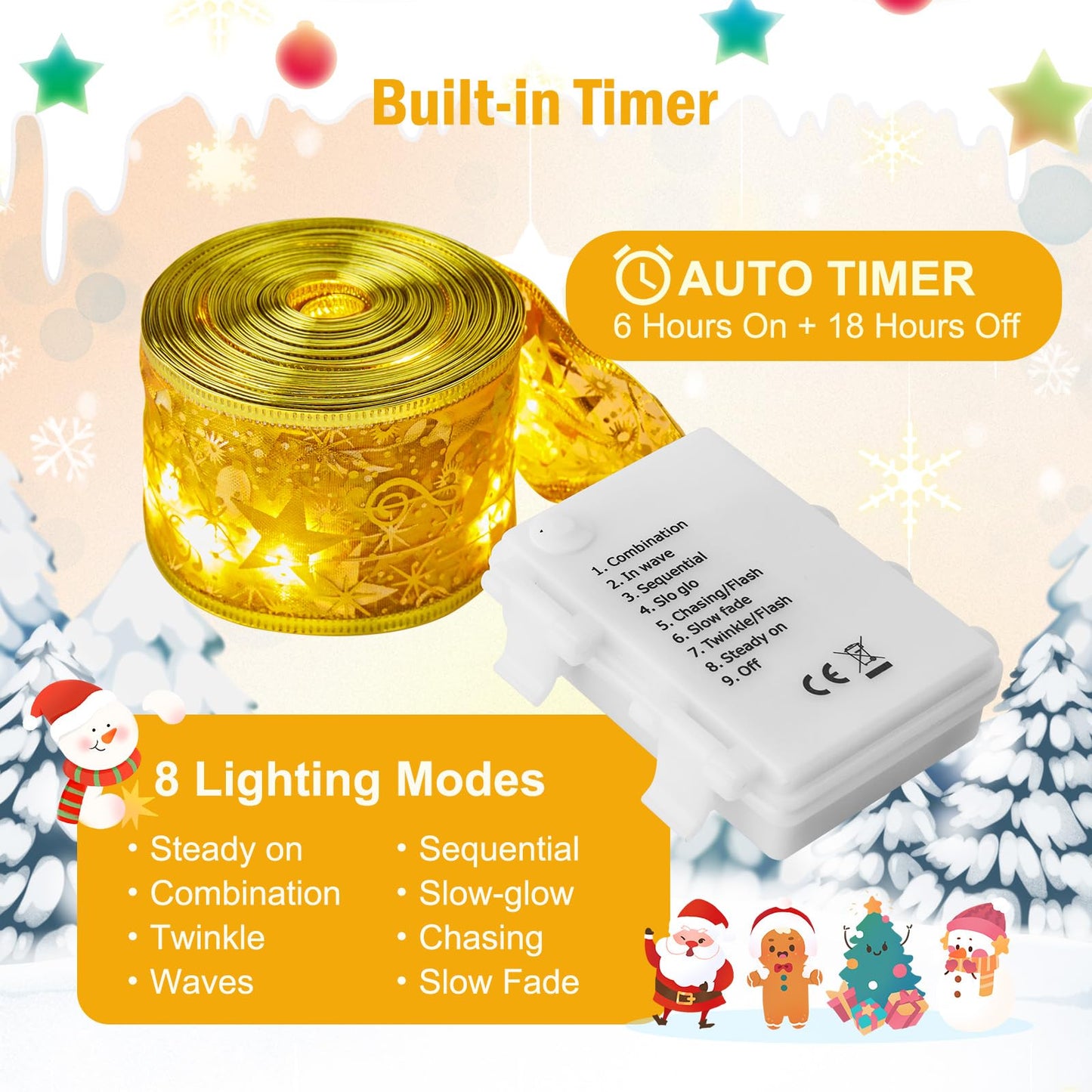 🎄 Minetom Christmas Tree Ribbon Lights – 33ft 100 LED Battery Fairy Lights with Timer