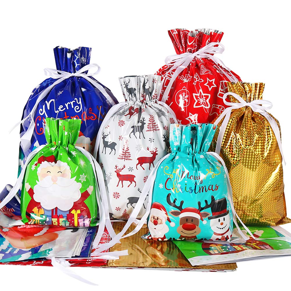 🎅Package Holiday Drawstring Gift Bags, 30pcs Christmas Foil Gift Wrapping Sacks Pouches for Xmas Presents Party Favor (Large Medium Small)