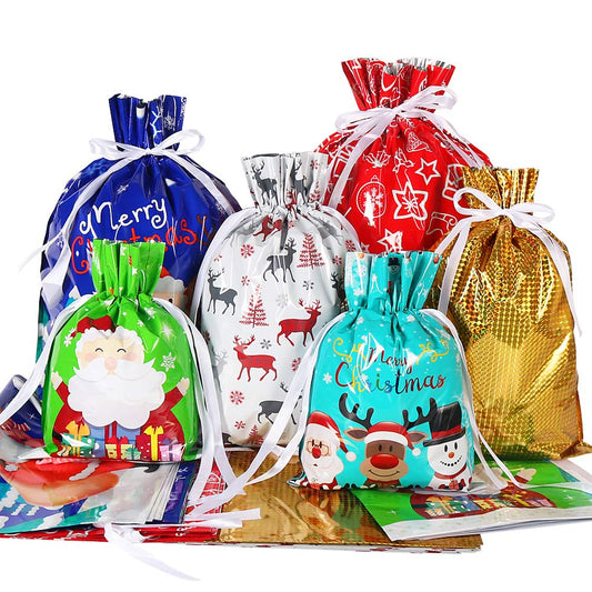🎅Package Holiday Drawstring Gift Bags, 30pcs Christmas Foil Gift Wrapping Sacks Pouches for Xmas Presents Party Favor (Large Medium Small)