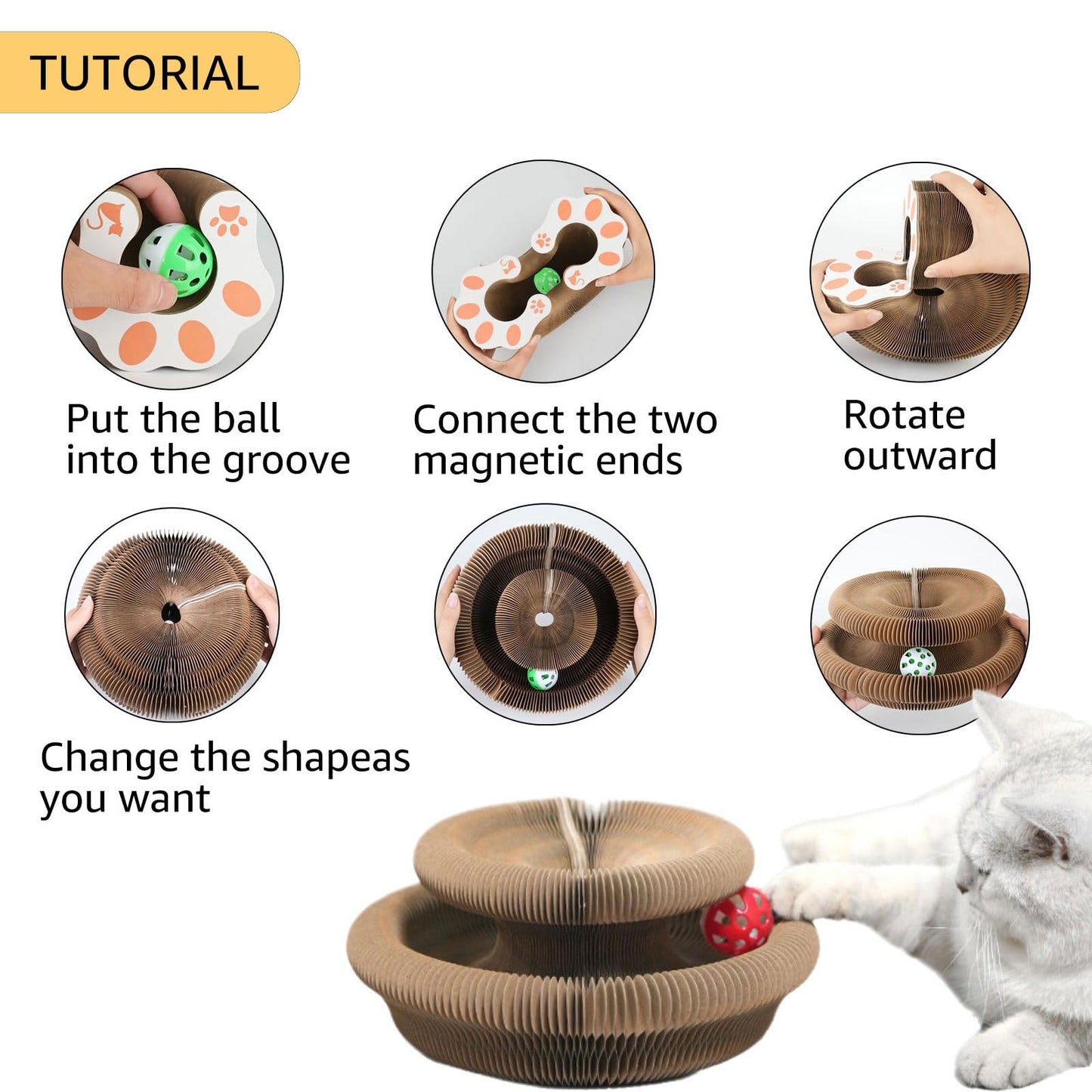 😸Cat Toy, Magic Organ Cat Scratch Board, Compact Cats Accordion Toy, Interactive Cardboard Cat Scratcher Pad Toys with Bell Ball for Indoor Exercise