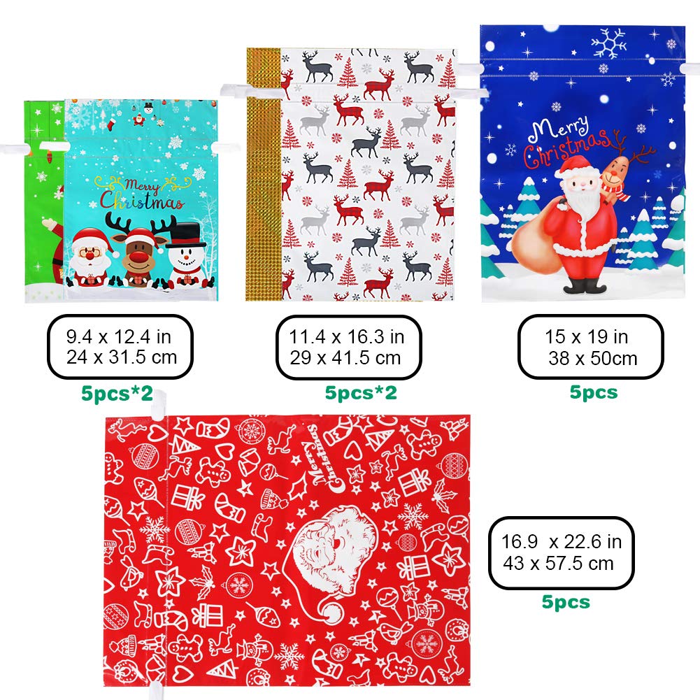 🎅Package Holiday Drawstring Gift Bags, 30pcs Christmas Foil Gift Wrapping Sacks Pouches for Xmas Presents Party Favor (Large Medium Small)