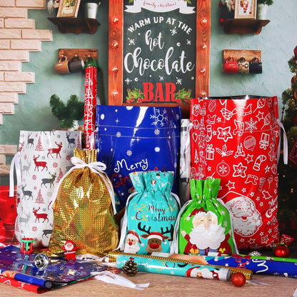 🎅Package Holiday Drawstring Gift Bags, 30pcs Christmas Foil Gift Wrapping Sacks Pouches for Xmas Presents Party Favor (Large Medium Small)