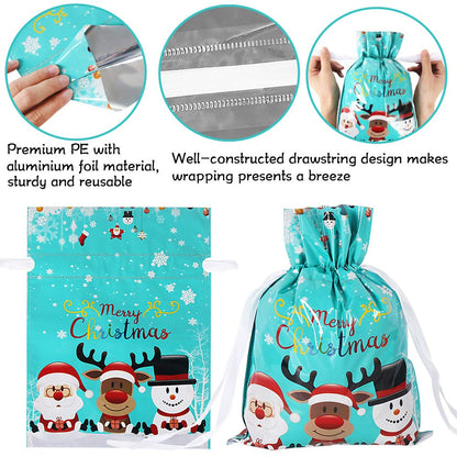 🎅Package Holiday Drawstring Gift Bags, 30pcs Christmas Foil Gift Wrapping Sacks Pouches for Xmas Presents Party Favor (Large Medium Small)