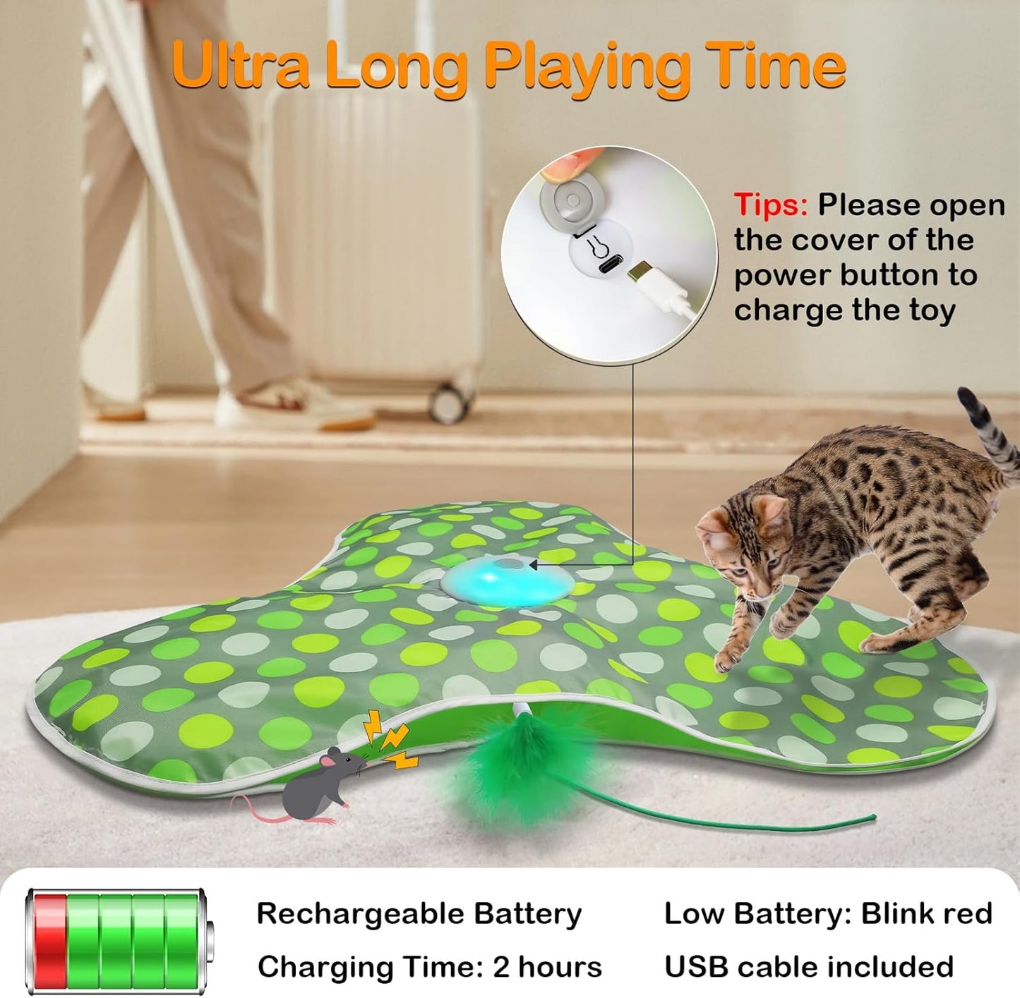 😸Interactive Cat Toys Rechargeable,Moving Concealed Feathers,Real Mouse Squeaky,Touch Activated Cat Kitten Toy Exercise Toys for Indoor Bored Adult Cats