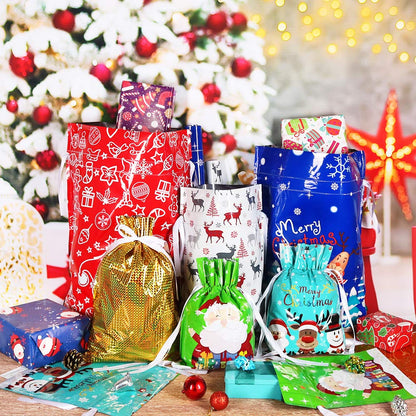 🎅Package Holiday Drawstring Gift Bags, 30pcs Christmas Foil Gift Wrapping Sacks Pouches for Xmas Presents Party Favor (Large Medium Small)