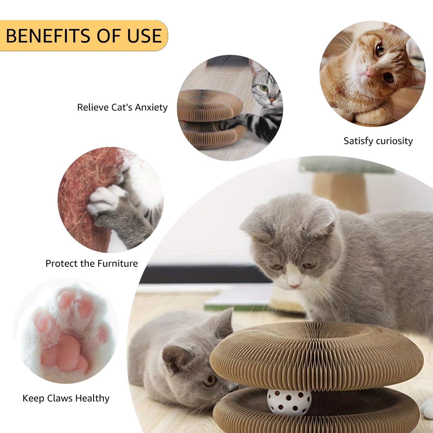 😸Cat Toy, Magic Organ Cat Scratch Board, Compact Cats Accordion Toy, Interactive Cardboard Cat Scratcher Pad Toys with Bell Ball for Indoor Exercise