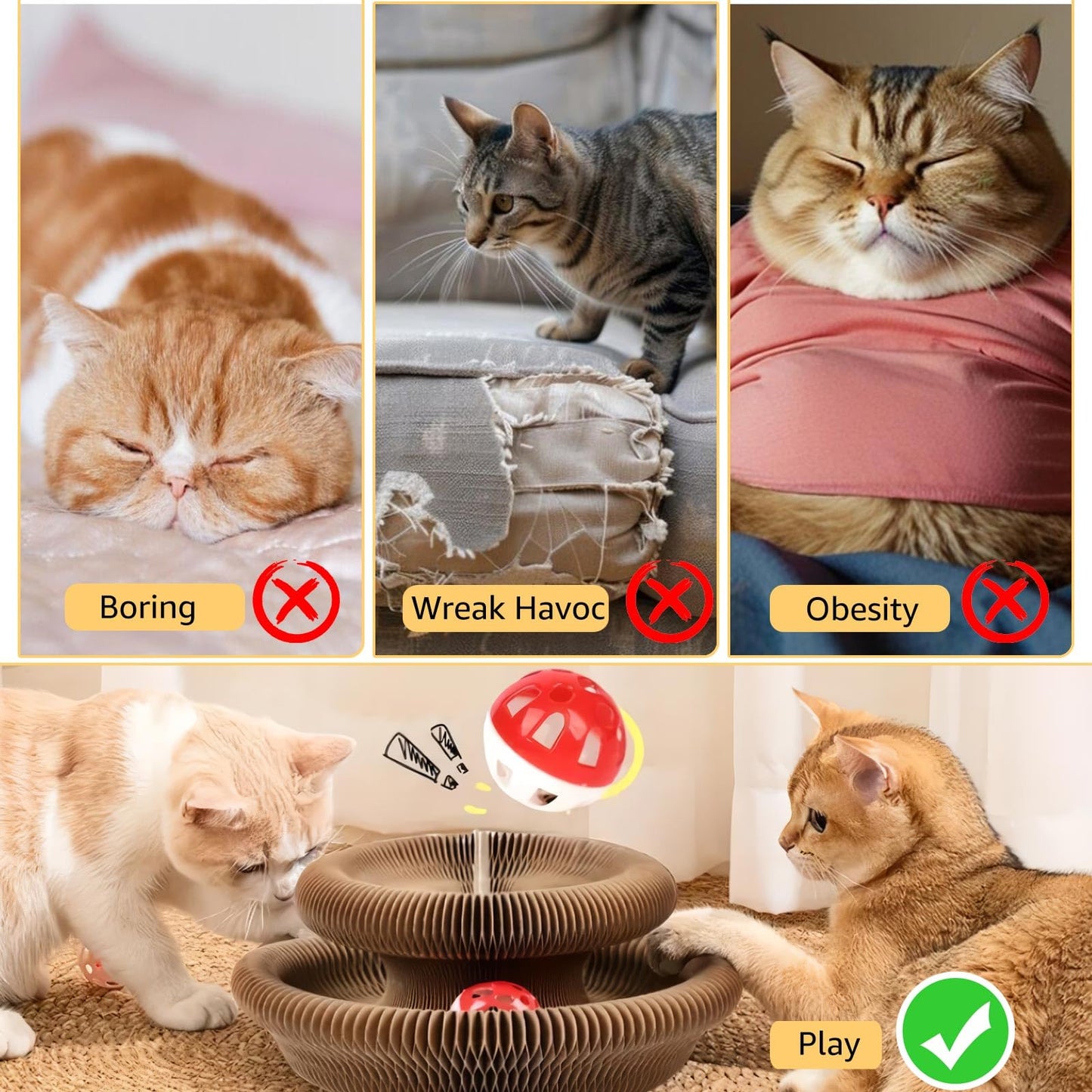😸Cat Toy, Magic Organ Cat Scratch Board, Compact Cats Accordion Toy, Interactive Cardboard Cat Scratcher Pad Toys with Bell Ball for Indoor Exercise
