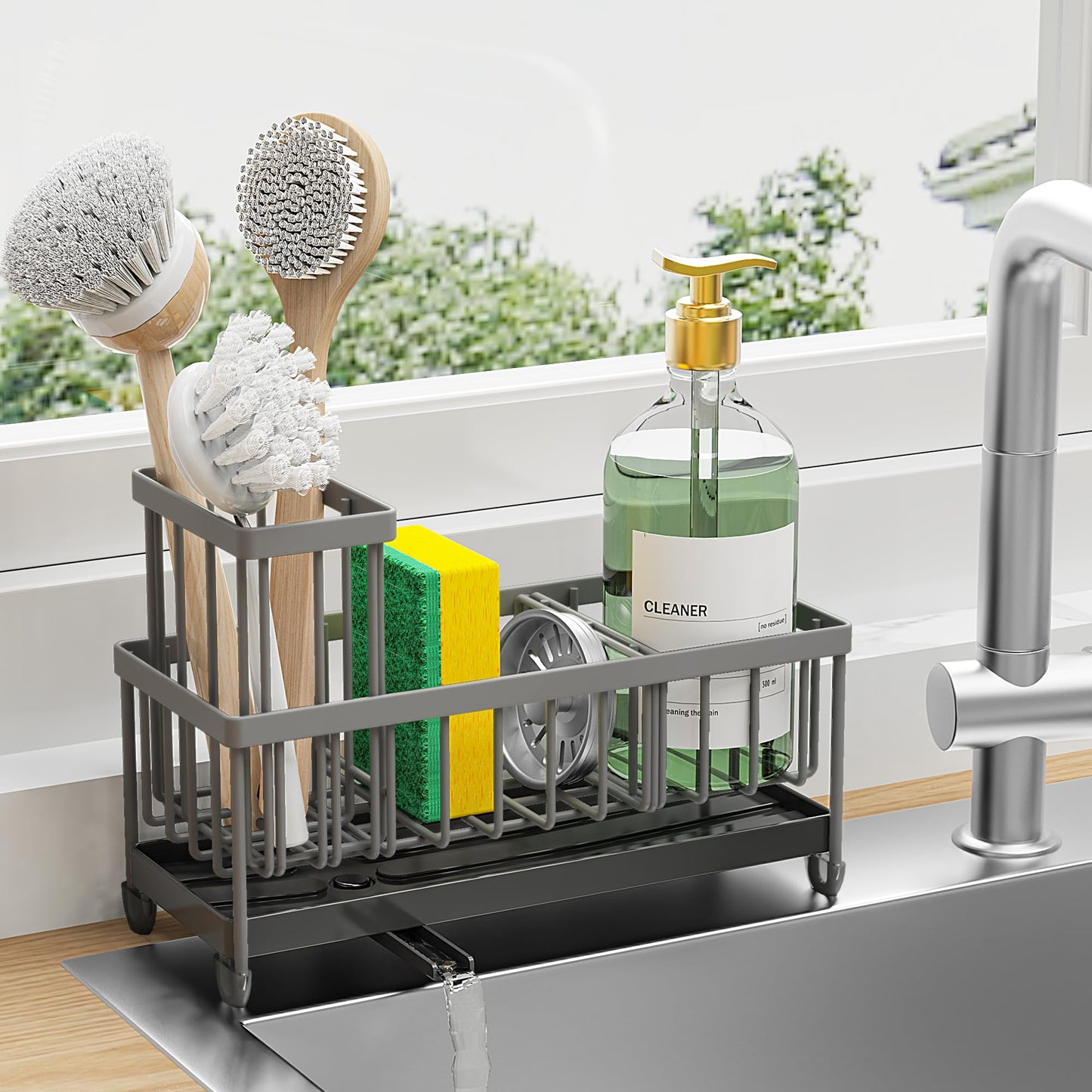 🧽 Cisily Black Sponge Holder for Kitchen Sink – Rustproof 304 Stainless Steel Sink Caddy Organizer with High Brush Holder & Soap Dispenser Space