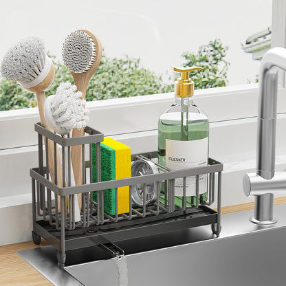 🧽 Cisily Black Sponge Holder for Kitchen Sink – Rustproof 304 Stainless Steel Sink Caddy Organizer with High Brush Holder & Soap Dispenser Space