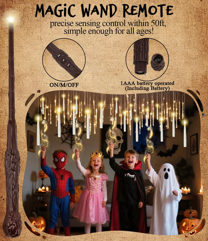Floating Candles with Wand Magic Hanging Candles, Flameless Warm Light Flickering Battery Operated Candles, Floating LED Candles for Halloween Christmas Theme Party