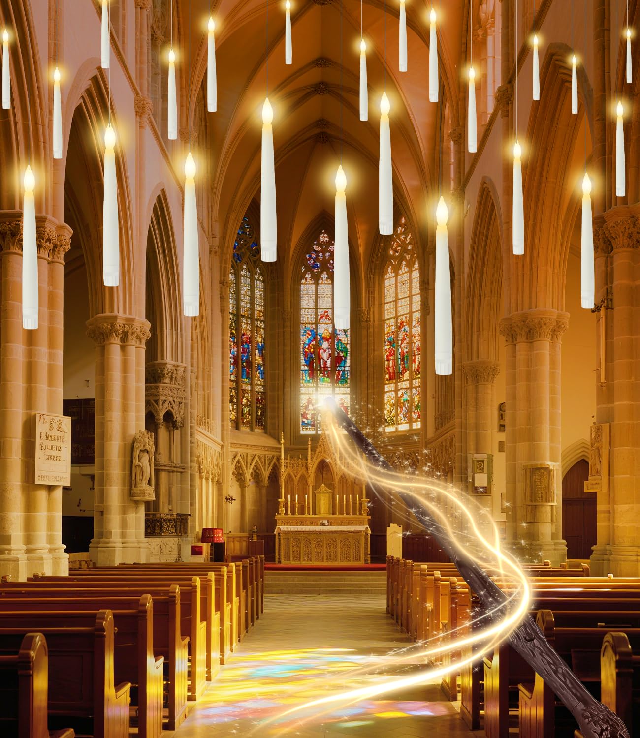 Floating Candles with Wand Magic Hanging Candles, Flameless Warm Light Flickering Battery Operated Candles, Floating LED Candles for Halloween Christmas Theme Party