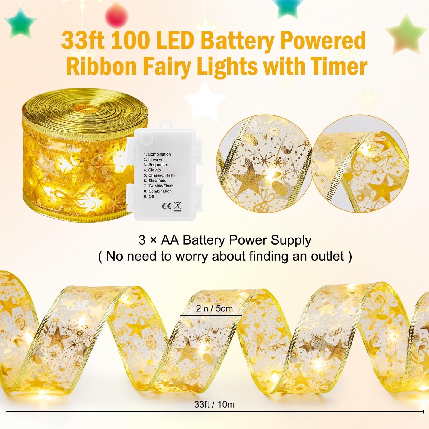 🎄 Minetom Christmas Tree Ribbon Lights – 33ft 100 LED Battery Fairy Lights with Timer