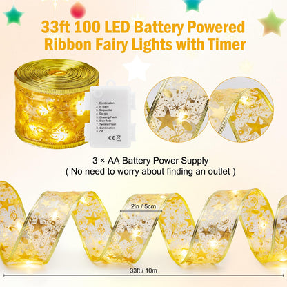 🎄 Minetom Christmas Tree Ribbon Lights – 33ft 100 LED Battery Fairy Lights with Timer