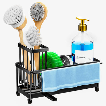 🧽 Cisily Black Sponge Holder for Kitchen Sink – Rustproof 304 Stainless Steel Sink Caddy Organizer with High Brush Holder & Soap Dispenser Space